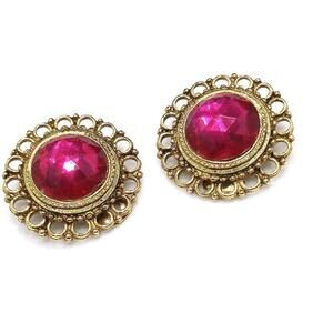 Vintage Hot Pink Acrylic Rhinestone Large Clip Earrings, Gold Filigree, 1 3/8 In
